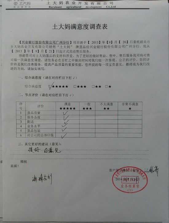 兴业银行海珠支行对鸡蛋批发商土大妈的满意度